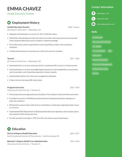 Health Education Teacher Resume