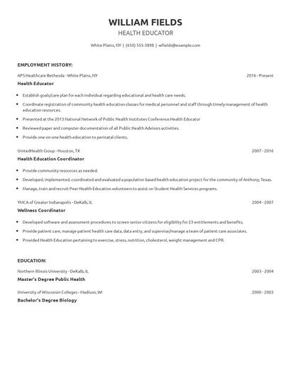 Health Educator Resume