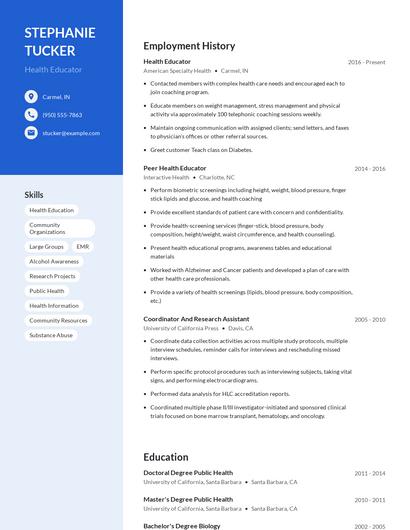 Health Educator Resume