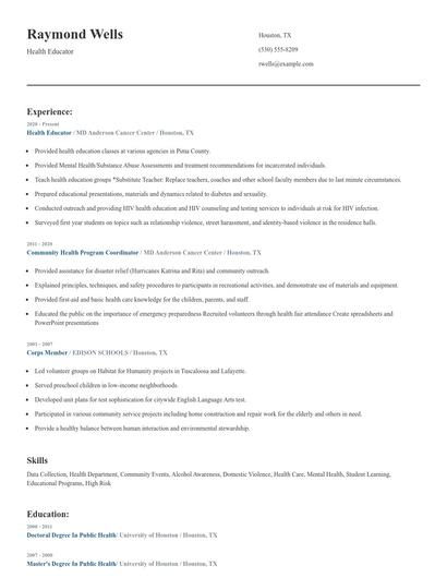 Health Educator Resume