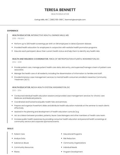 Health Educator Resume
