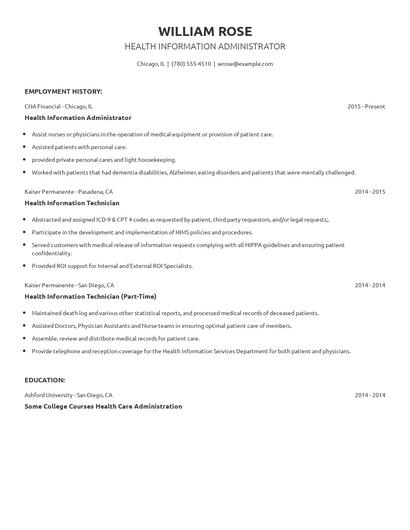 Health Information Administrator Resume