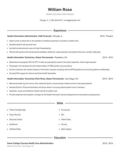 Health Information Administrator Resume