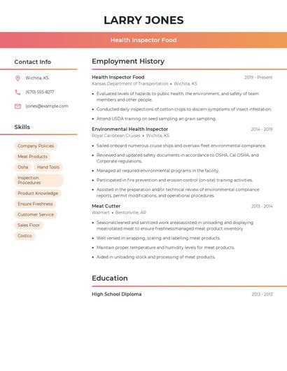 Health Inspector Food Resume