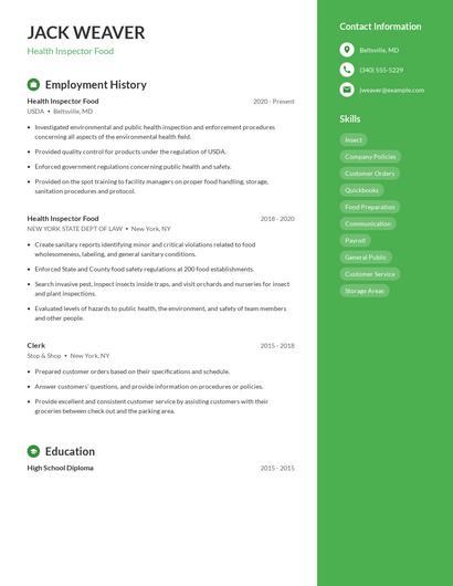 Health Inspector Food Resume
