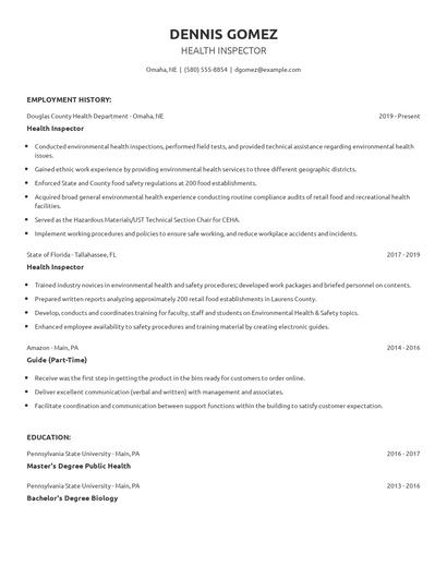 Health Inspector Resume