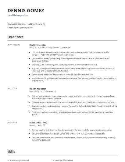 Health Inspector Resume