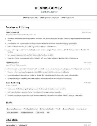 Health Inspector Resume