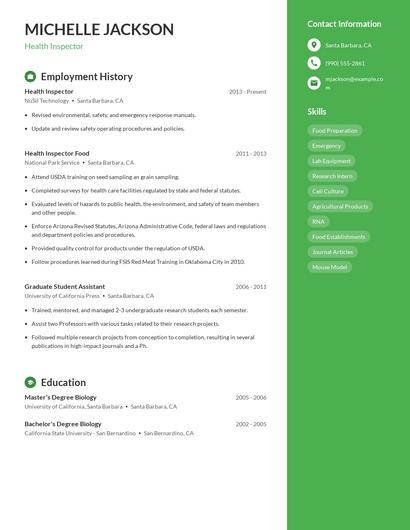 Health Inspector Resume
