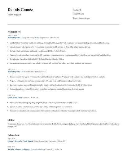 Health Inspector Resume