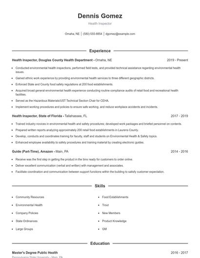 Health Inspector Resume