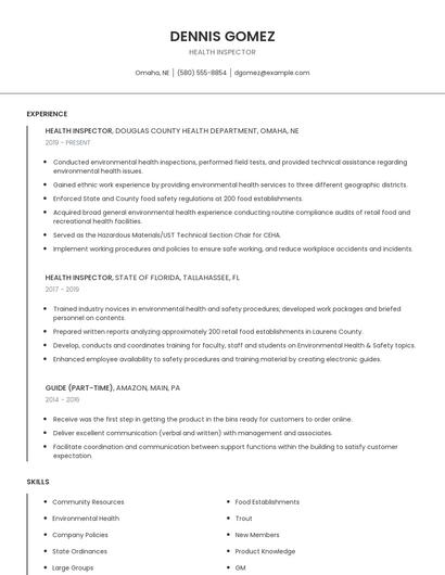 Health Inspector Resume