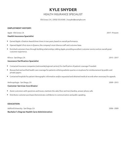 Health Insurance Specialist Resume