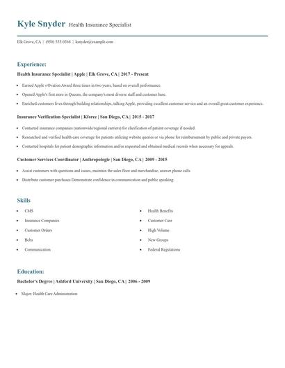 Health Insurance Specialist Resume