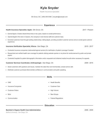 Health Insurance Specialist Resume