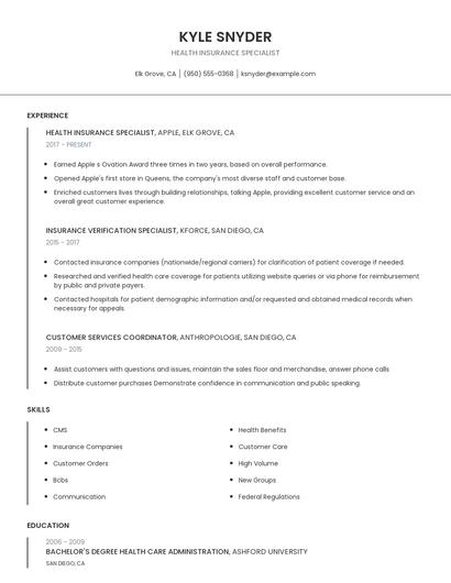 Health Insurance Specialist Resume