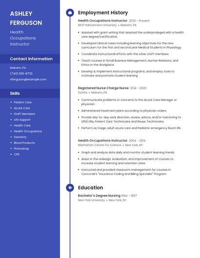 Health Occupations Instructor Resume