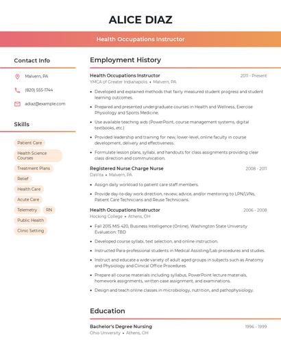 Health Occupations Instructor Resume