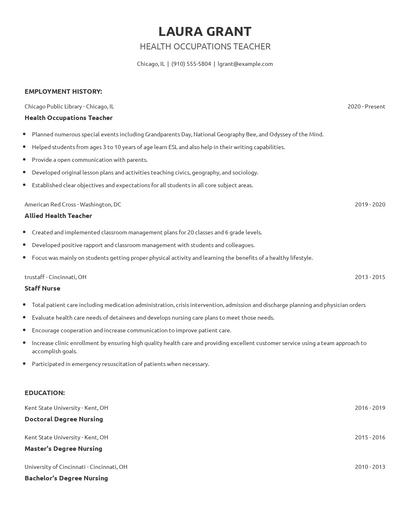Health Occupations Teacher Resume