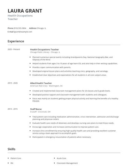 Health Occupations Teacher Resume