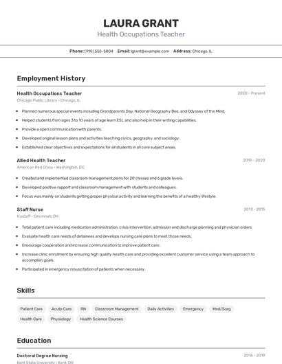 Health Occupations Teacher Resume