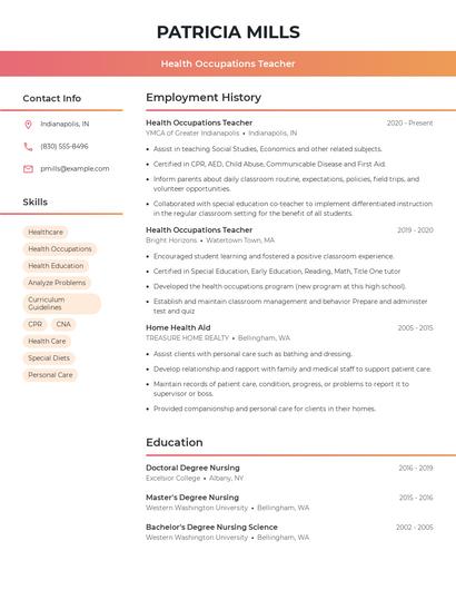 Health Occupations Teacher Resume