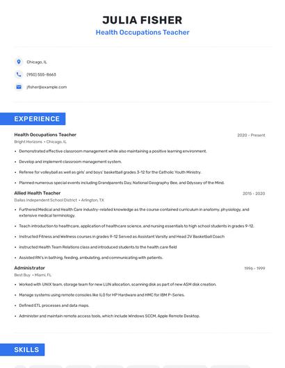 Health Occupations Teacher Resume