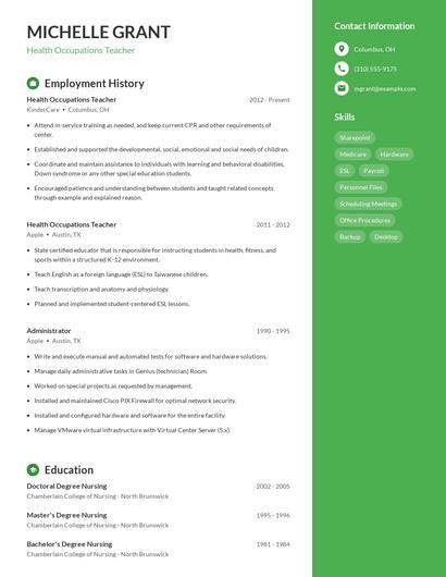 Health Occupations Teacher Resume