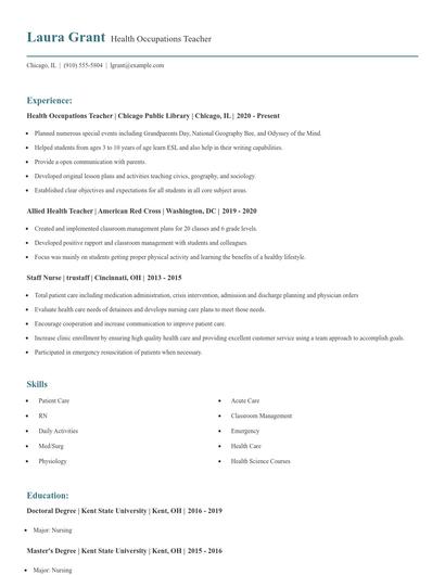 Health Occupations Teacher Resume