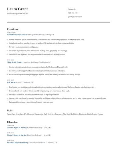 Health Occupations Teacher Resume