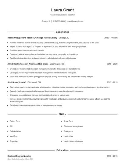 Health Occupations Teacher Resume
