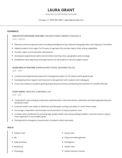 Health Occupations Teacher Resume