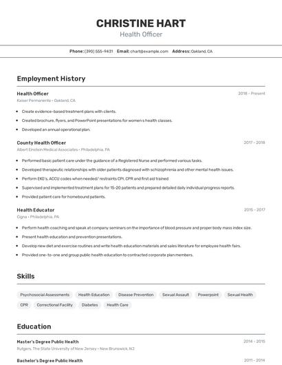 Health Officer Resume