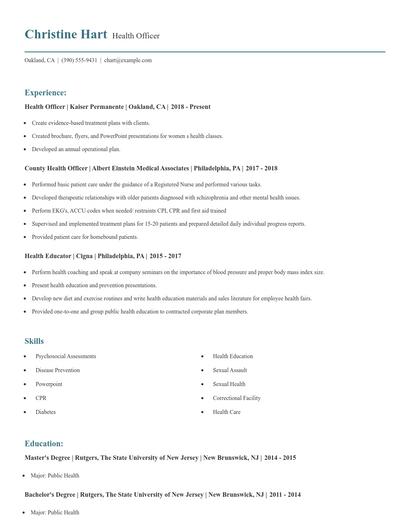 Health Officer Resume