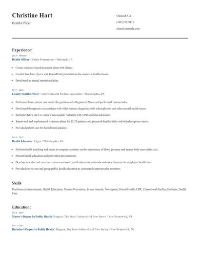 Health Officer Resume