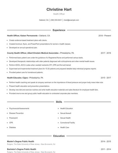 Health Officer Resume