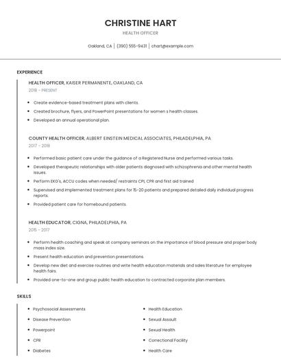 Health Officer Resume