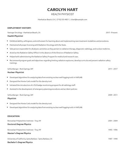 Health Physicist Resume
