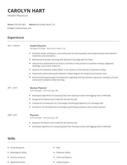 Health Physicist Resume