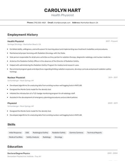 Health Physicist Resume