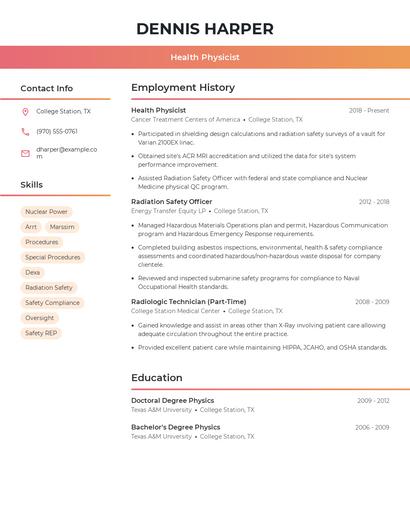 Health Physicist Resume