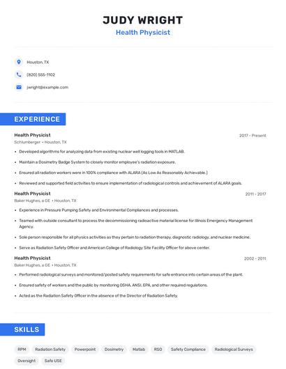 Health Physicist Resume