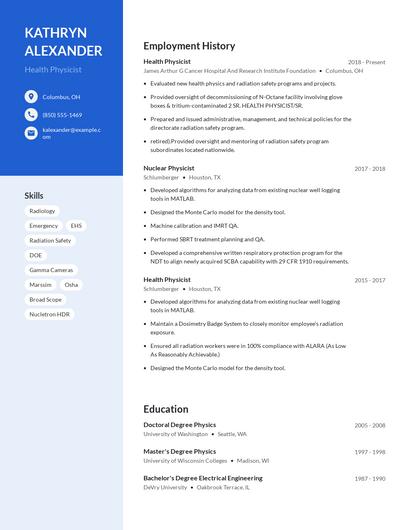 Health Physicist Resume