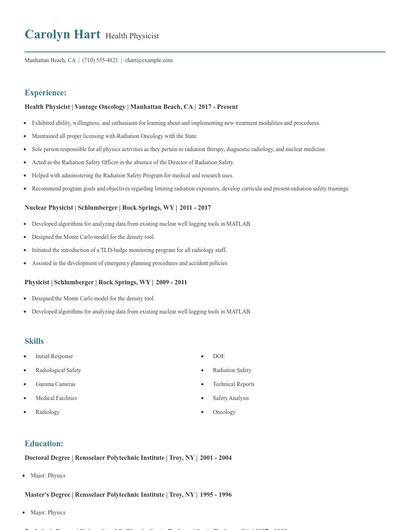 Health Physicist Resume