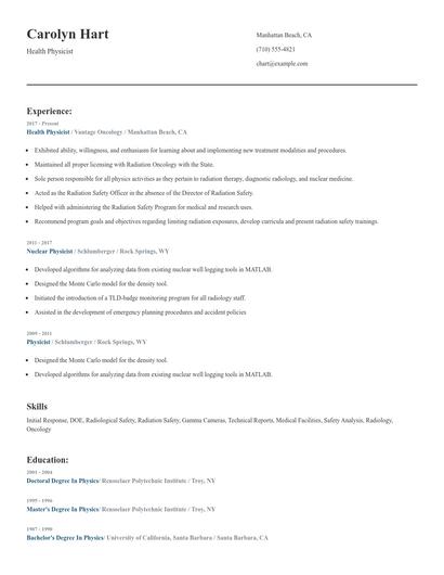 Health Physicist Resume