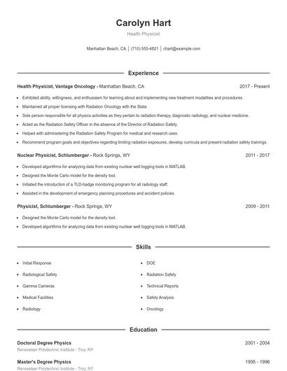 Health Physicist Resume