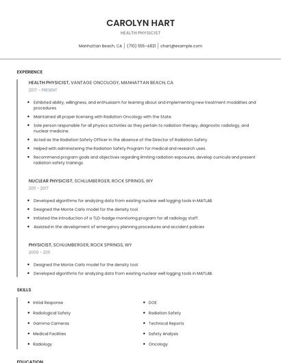 Health Physicist Resume