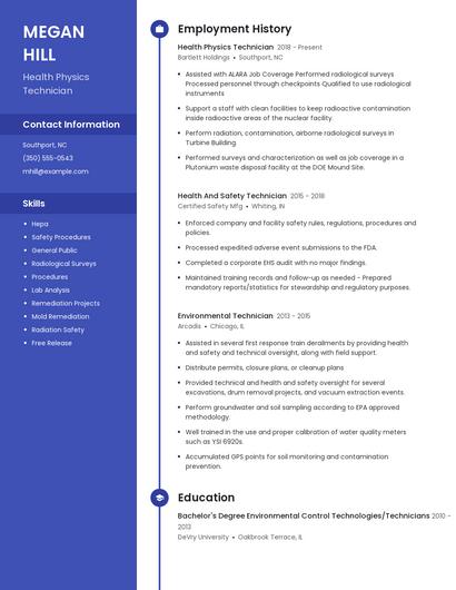 Health Physics Technician Resume