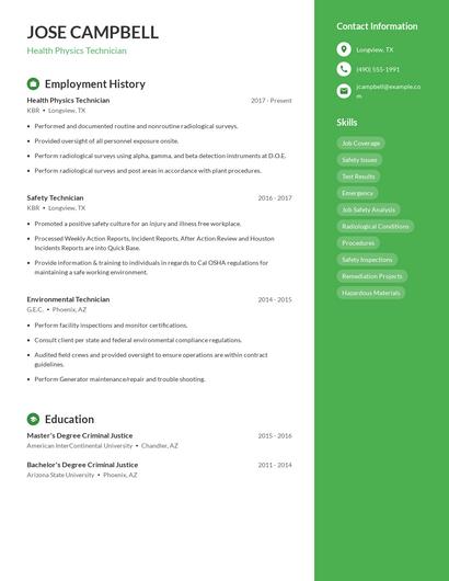 Health Physics Technician Resume