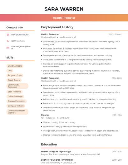 Health Promoter Resume